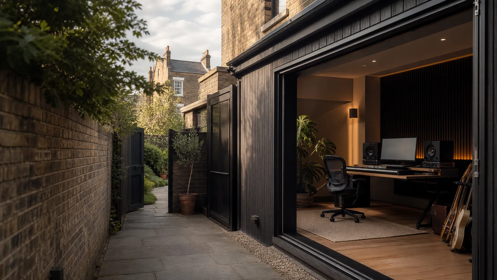 Studio components planned for a narrow London side passage