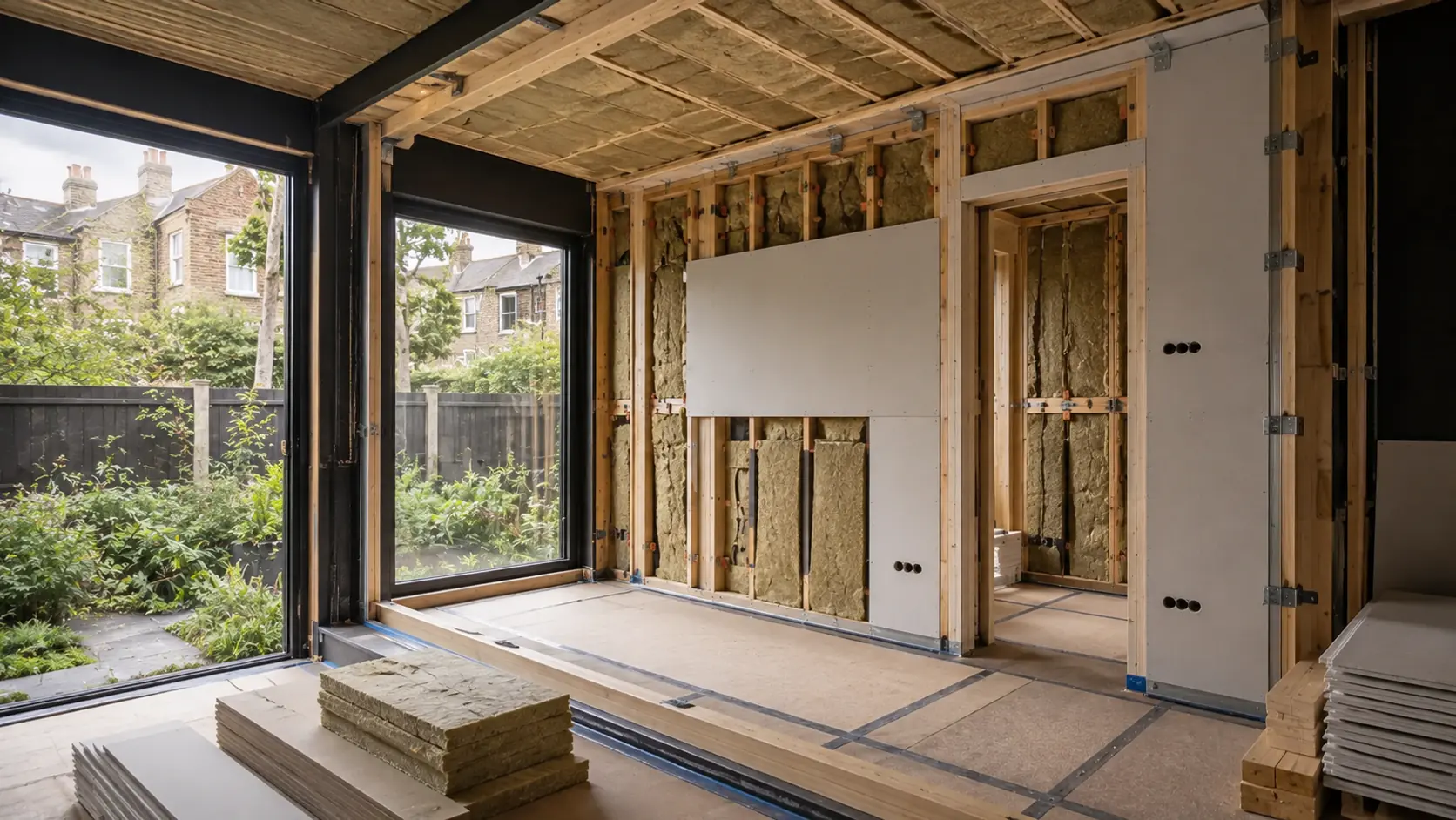Acoustic insulation, independent framing and board layers inside a garden music studio under construction