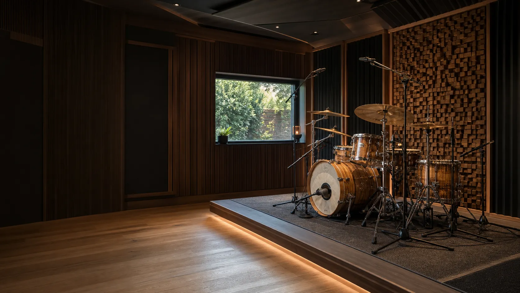 A drum kit inside an acoustically treated garden practice room