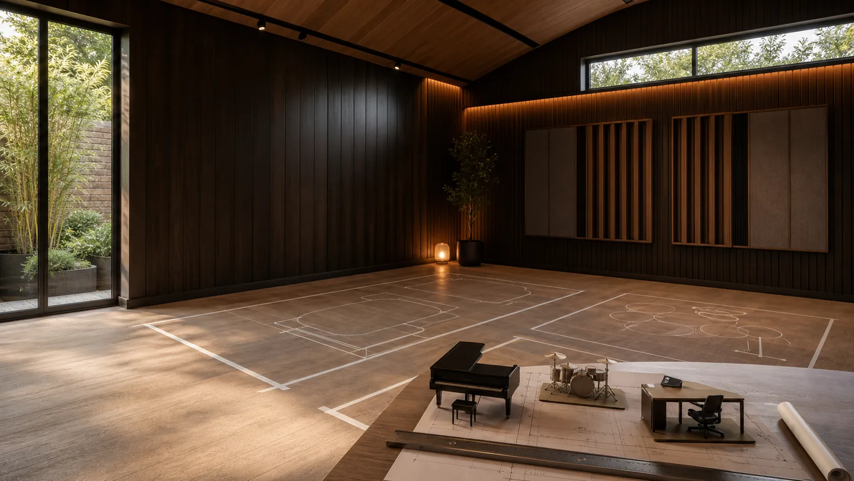 A studio floor marked out to test instrument and furniture layouts