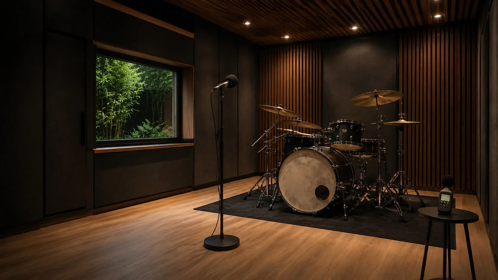 A drum kit positioned with a measurement microphone and sound-level meter in an acoustically treated room