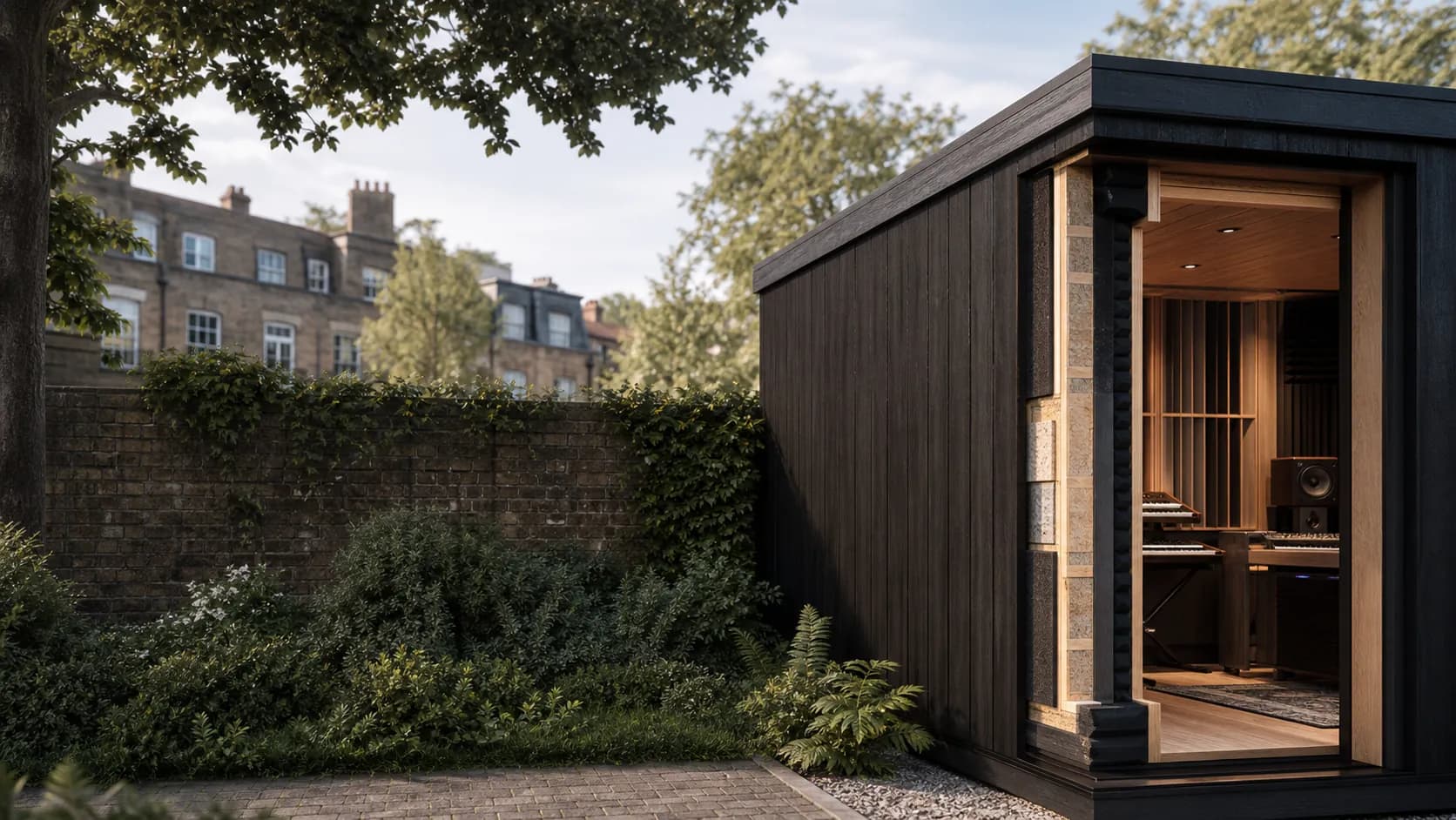 A sound-isolated studio positioned beside a leafy garden boundary