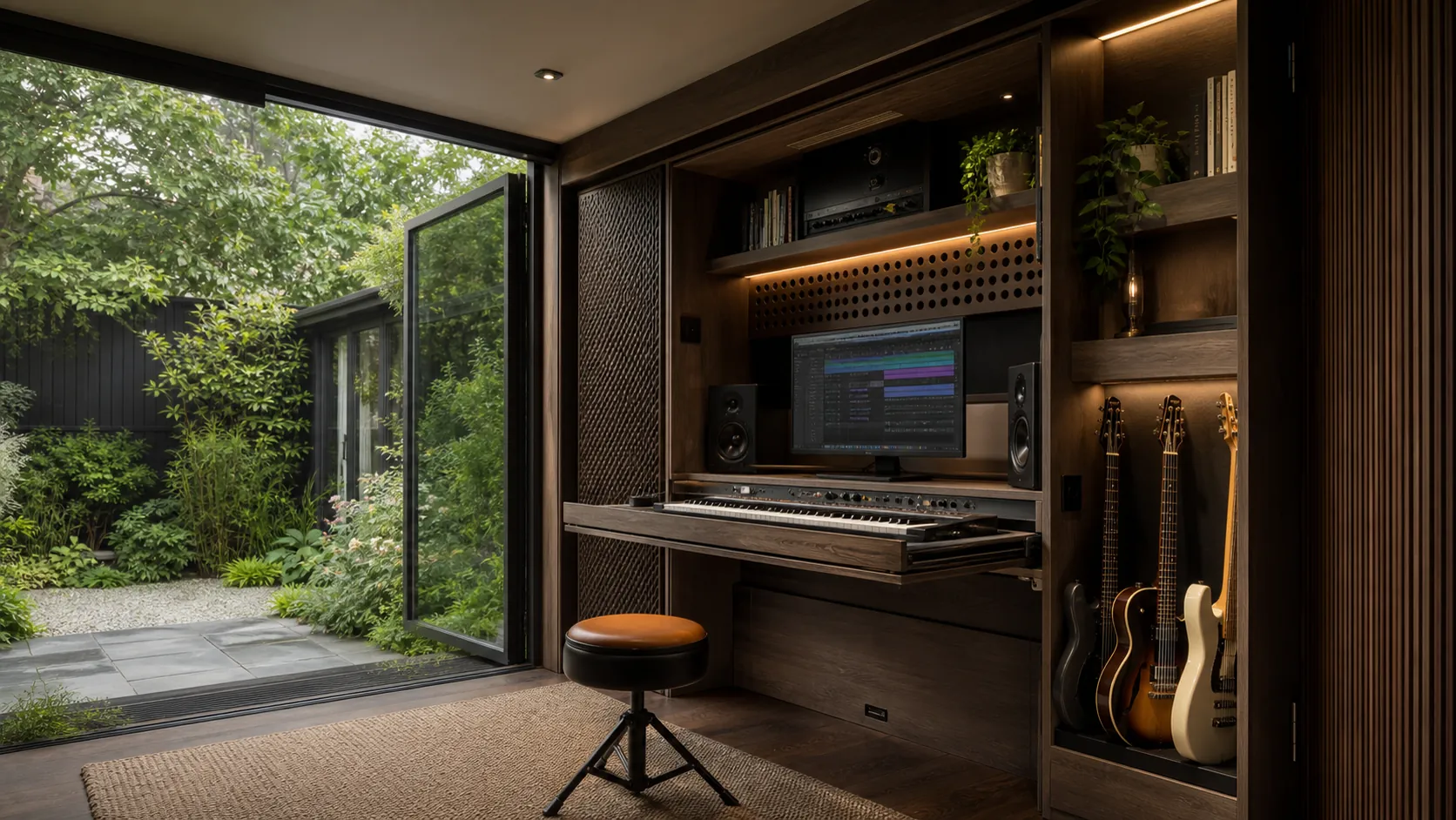 A compact music studio with space-saving built-in storage