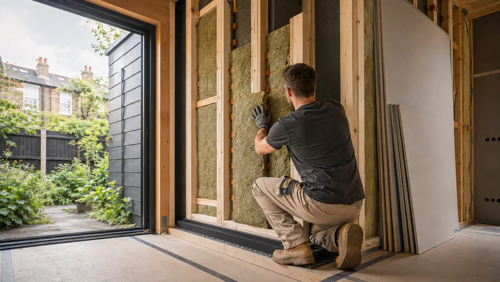 A craftsperson fitting mineral wool into the independent frame of a garden music studio