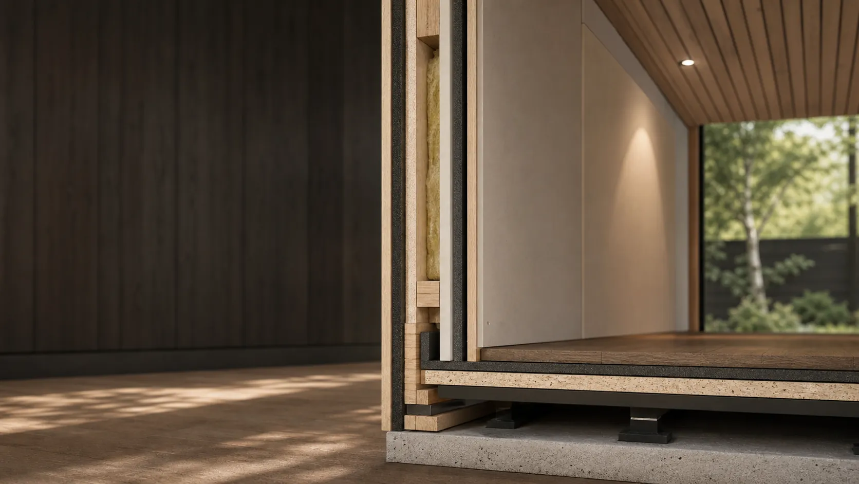 An isolated studio floor and wall junction under construction