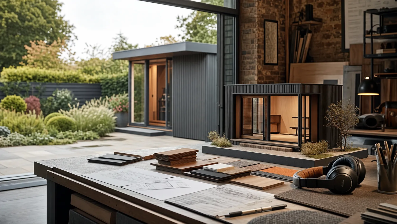 Plans, material samples and a studio model on a design worktable
