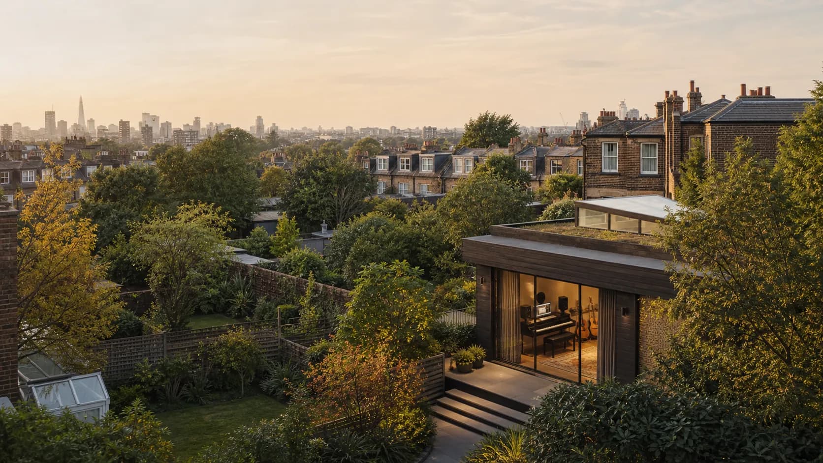 A compact garden music studio surrounded by London brick houses