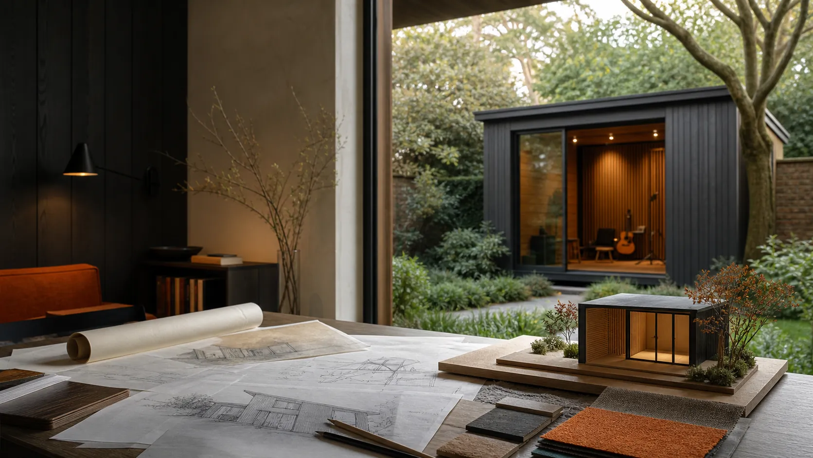 Studio plans, material samples and an architectural model on a designer's worktable