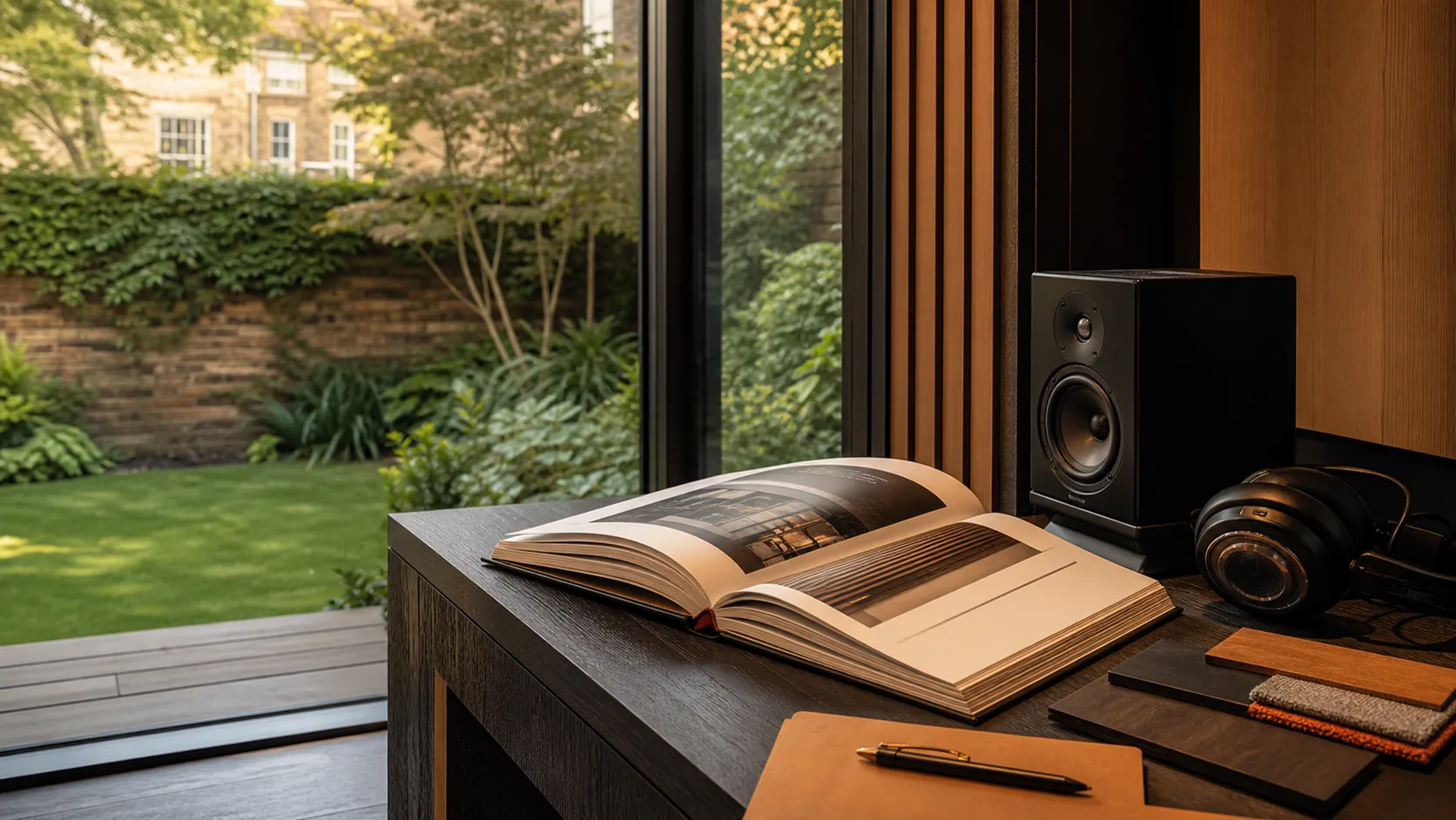 A compact garden music studio arranged for recording and careful listening