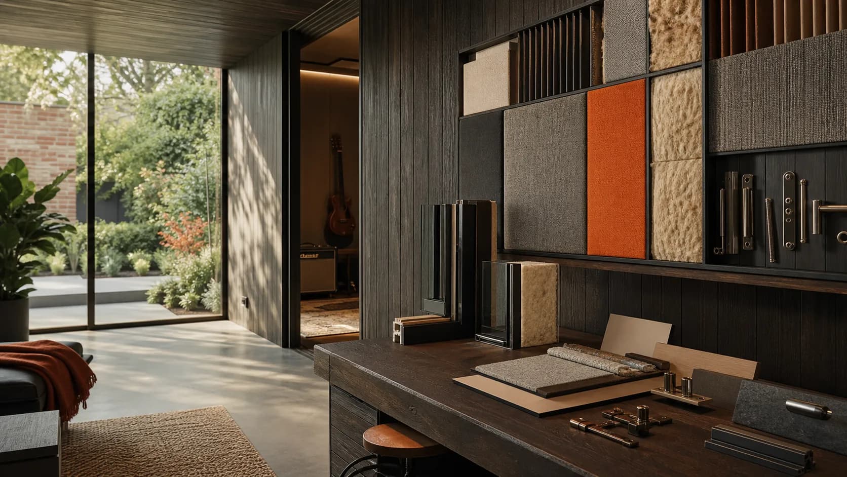 Layered timber framing, acoustic board and insulation inside a garden music studio wall