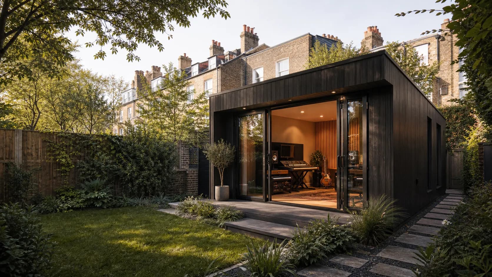 A compact garden studio positioned carefully within a London residential plot