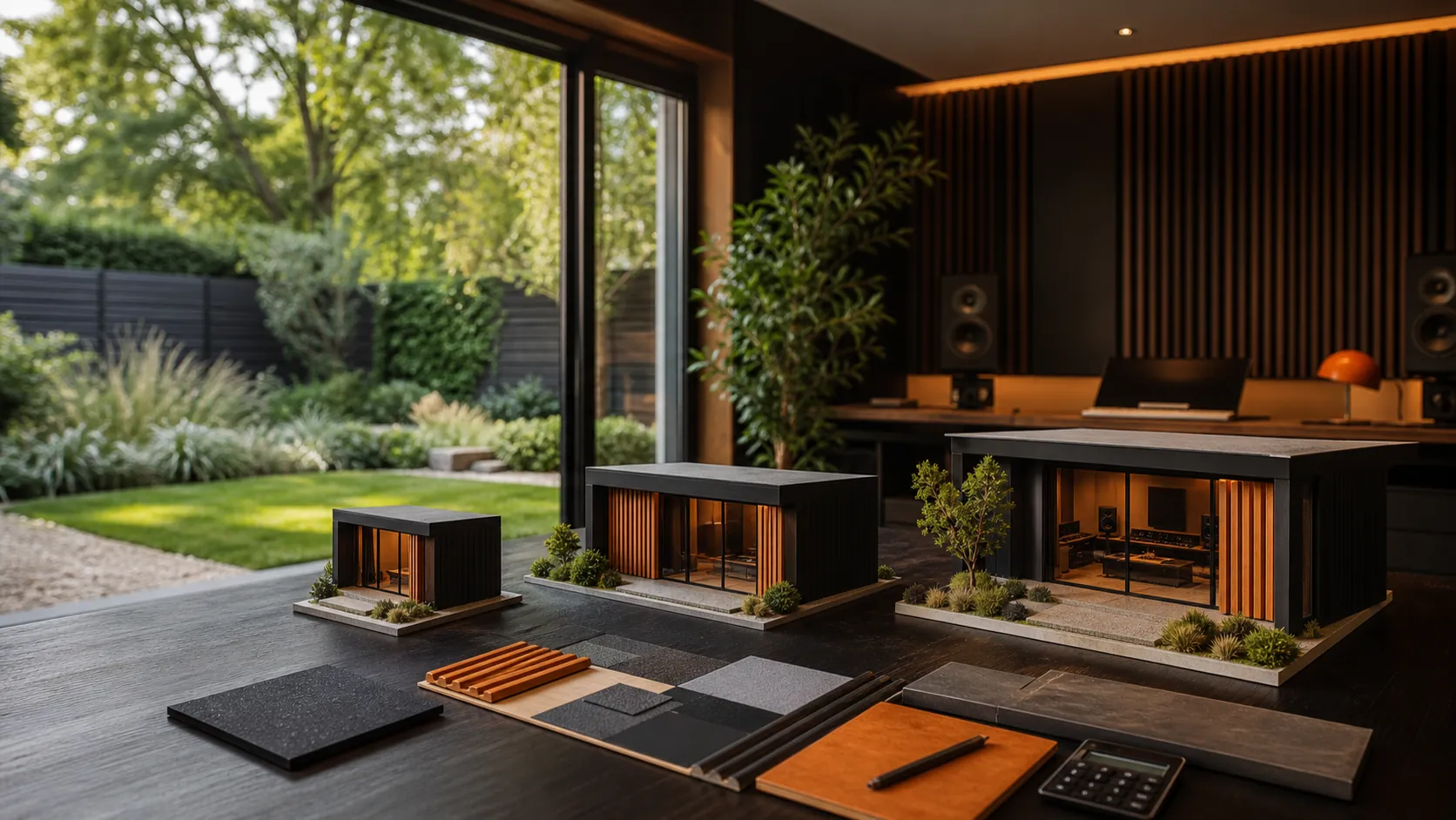 Plans and material samples used to specify a bespoke garden music studio