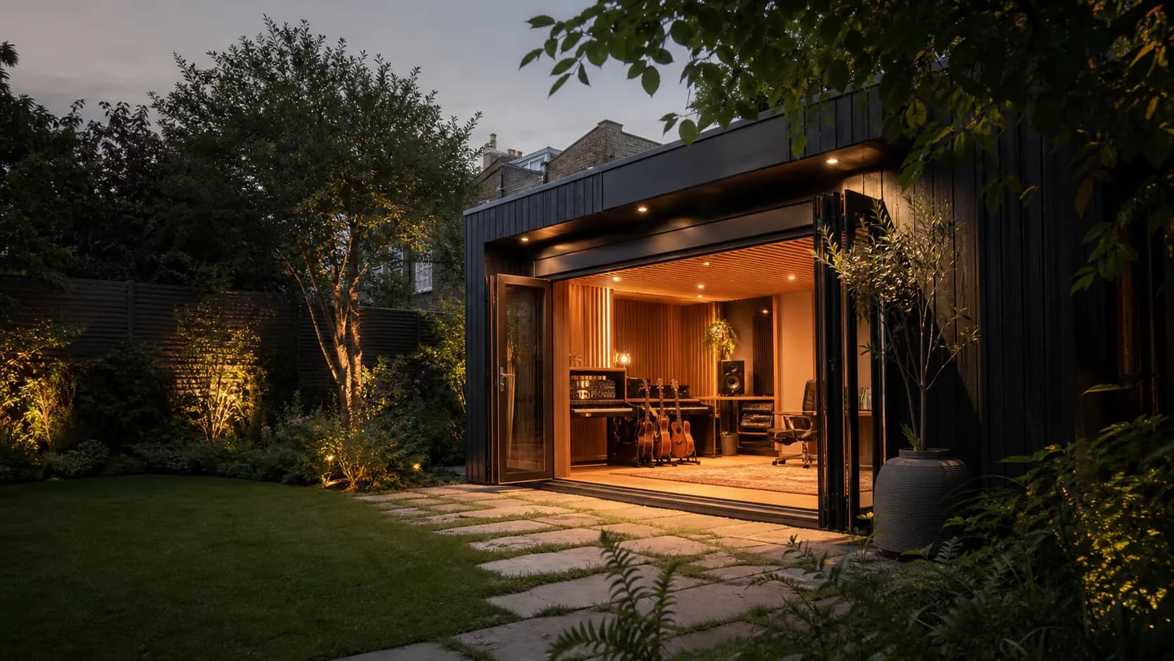 A compact black-timber music studio fitted into a mature London garden
