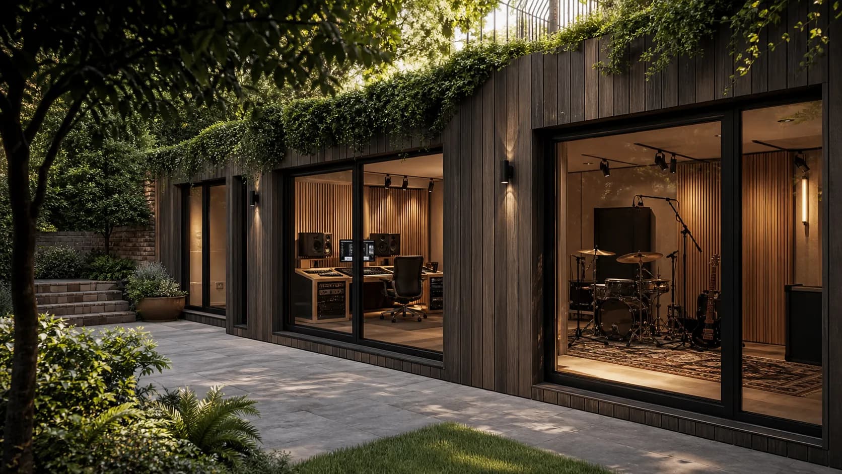 A full-width multi-room music studio across the rear of a London garden