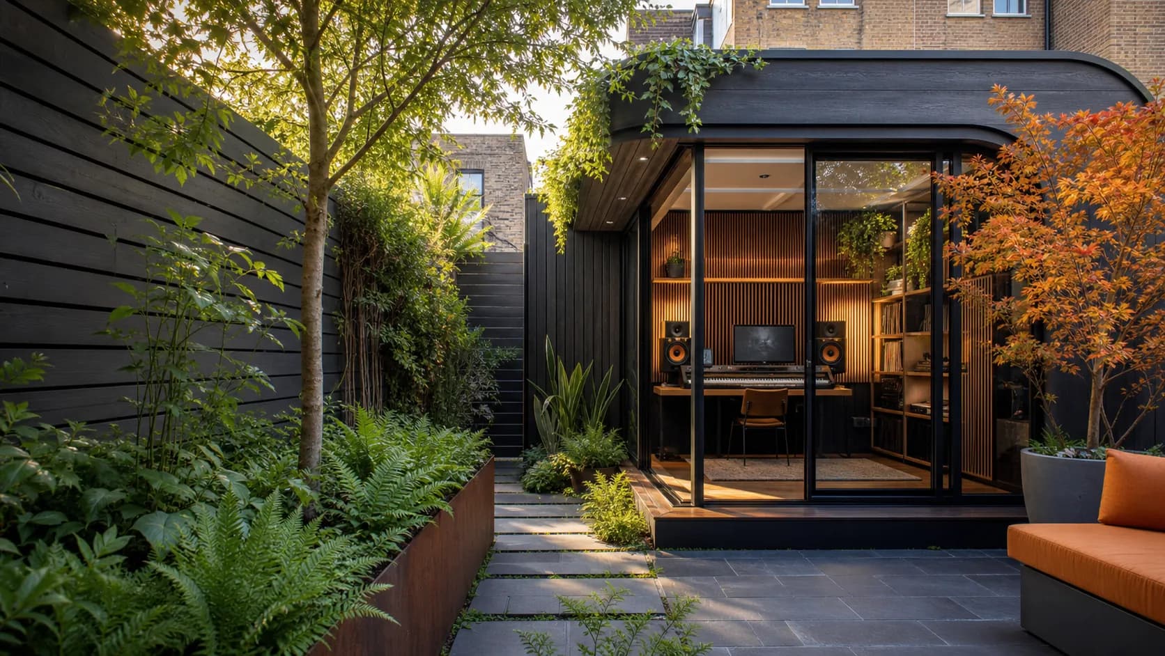 A compact production studio fitted into a narrow urban garden