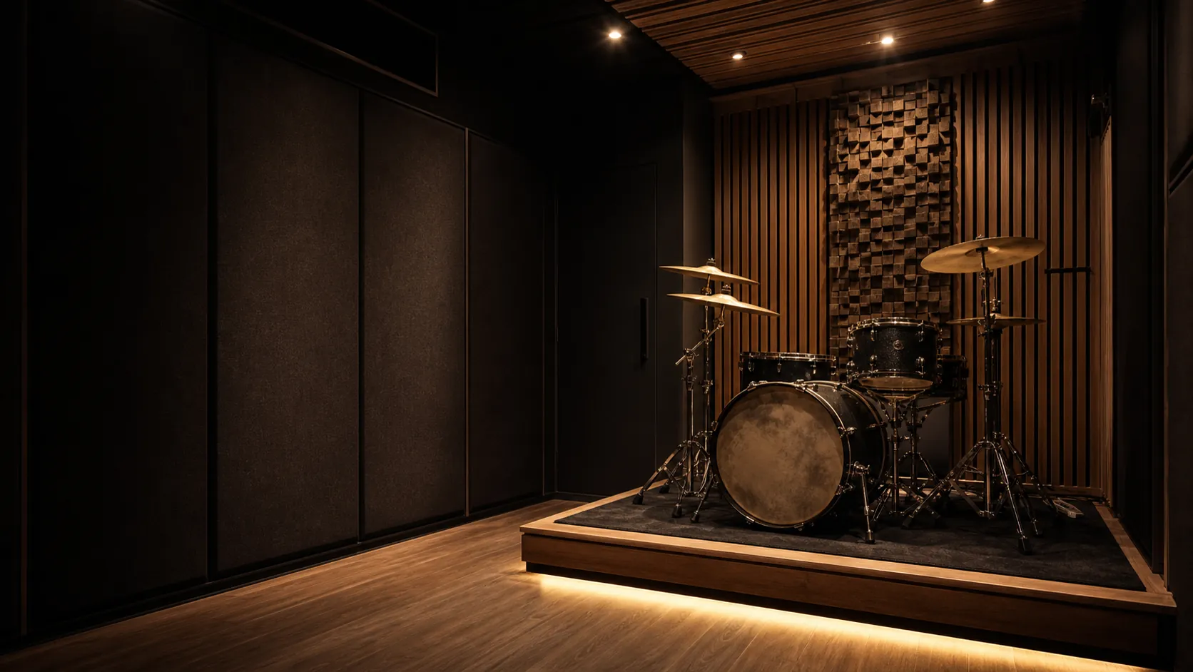 A drum kit set up inside a warm timber-lined garden practice room