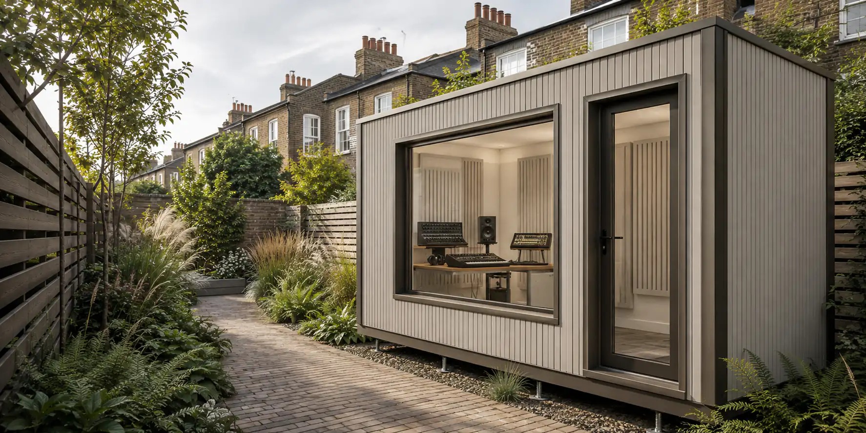 A prefabricated acoustic studio pod with an electronic music setup in a London garden