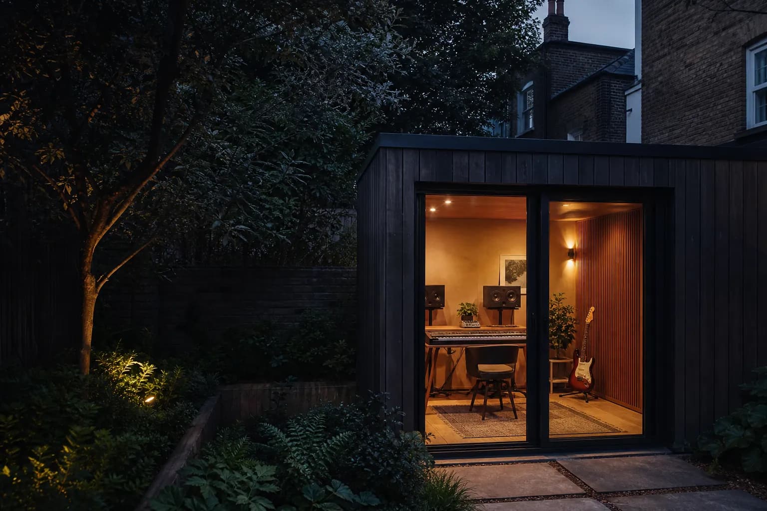 A dark timber garden music studio glowing warmly in a leafy London garden