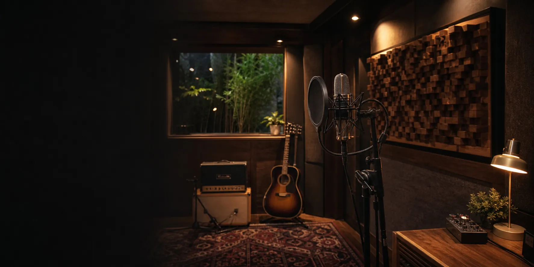 A garden recording room arranged with a vocal microphone, guitar and amplifier
