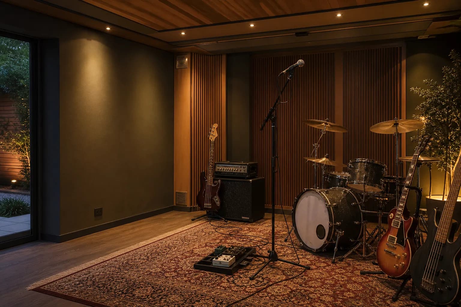 A full band rehearsal setup inside a spacious garden music room