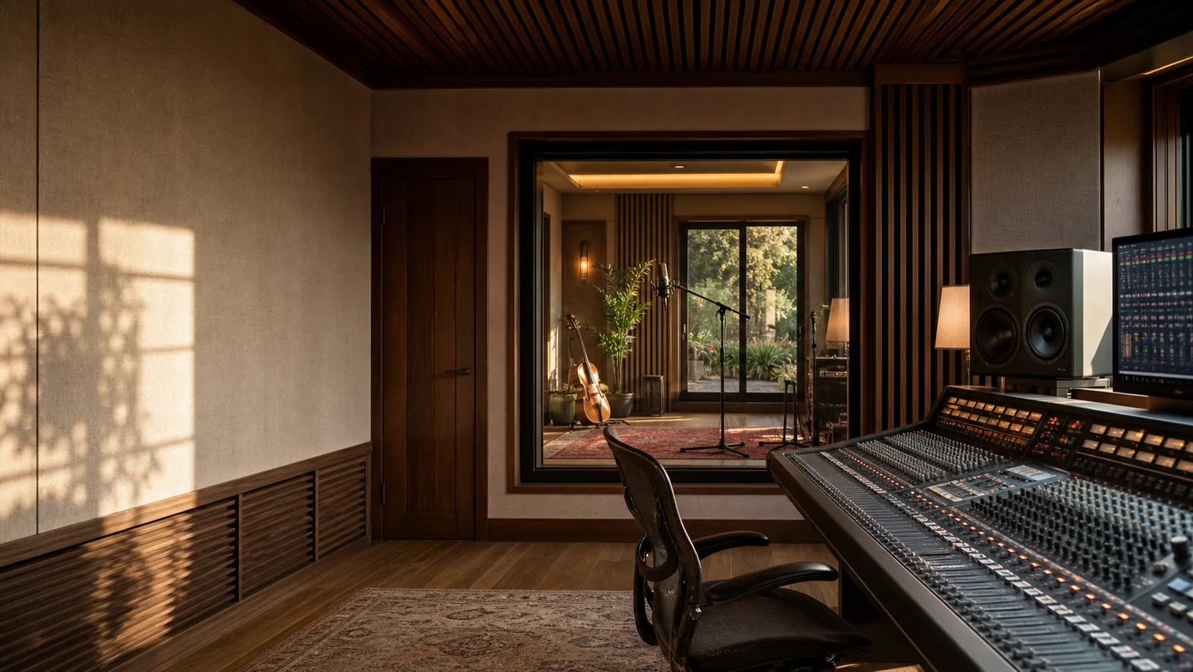 A control room looking through acoustic glazing into a separate live room