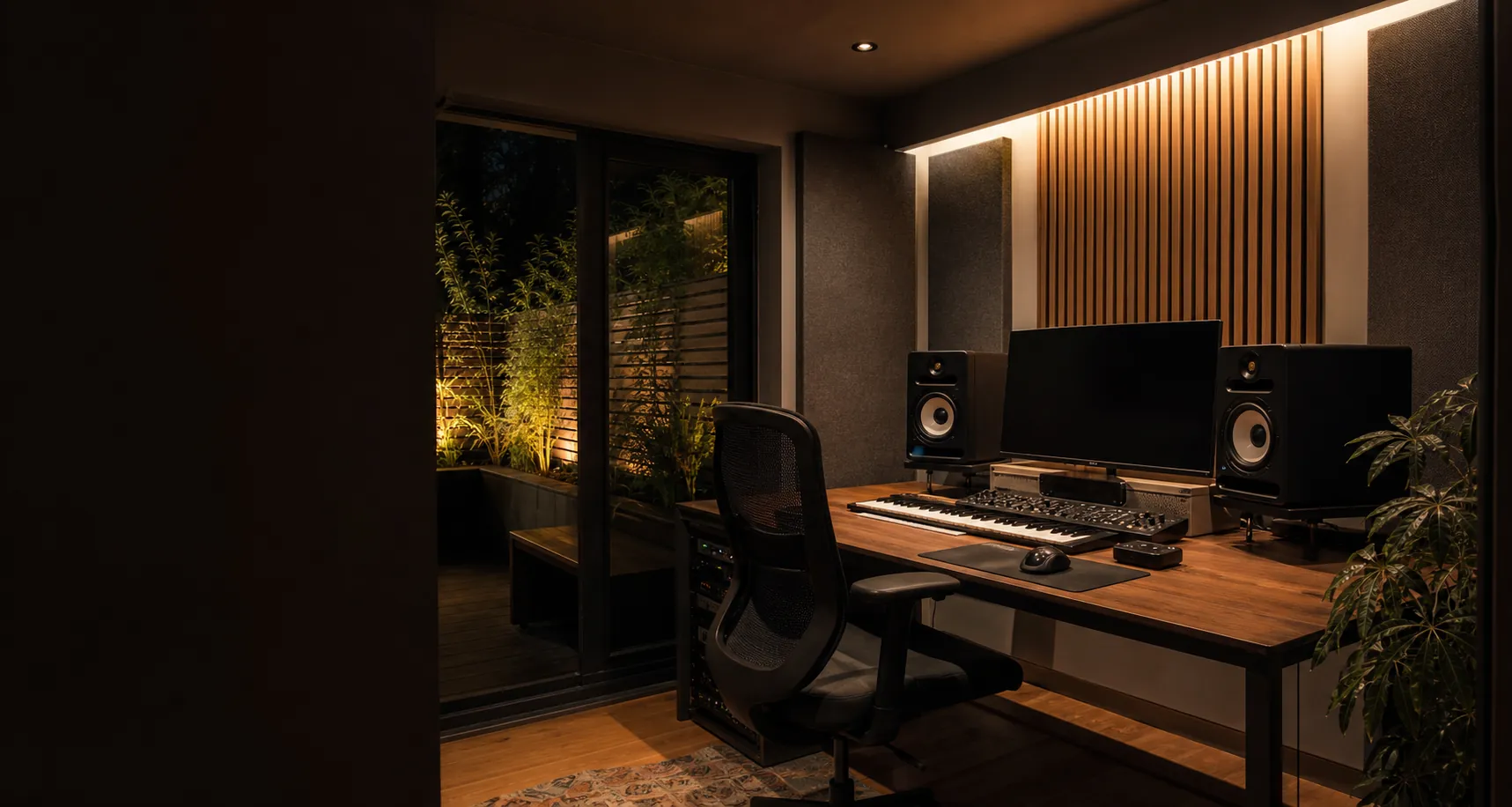 A purpose-built garden production studio with monitors, keyboard and mixing desk