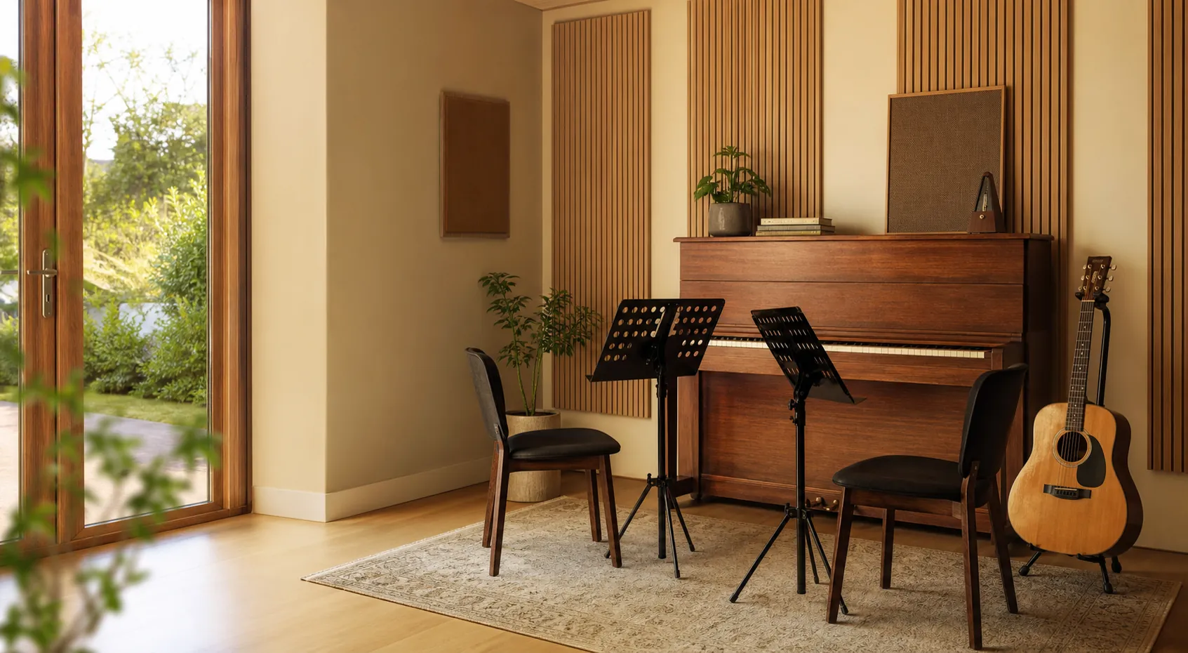 A welcoming garden teaching studio with piano, music stands and guitar