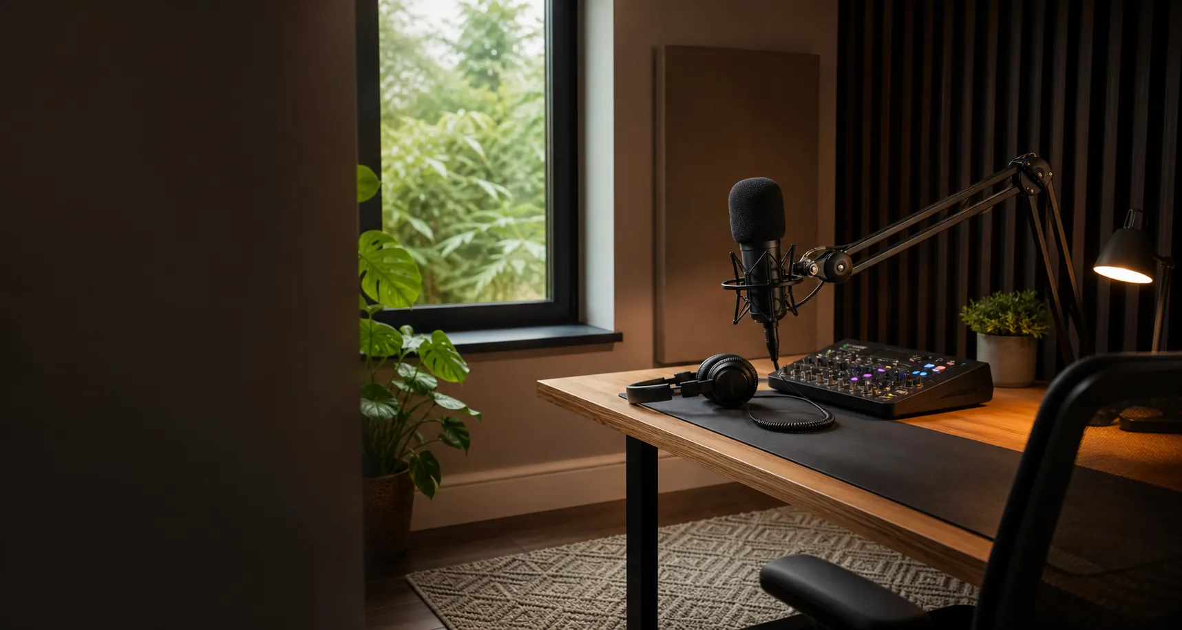A compact voiceover and podcast studio with broadcast microphones