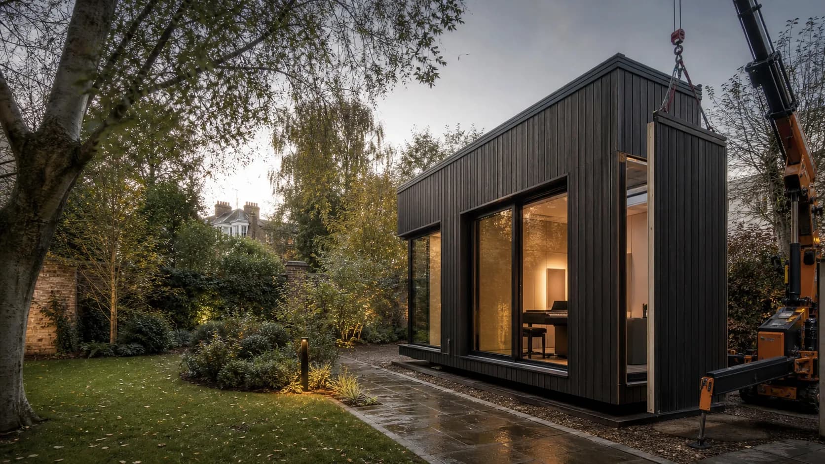 A precision-built modular music studio being installed in a London garden