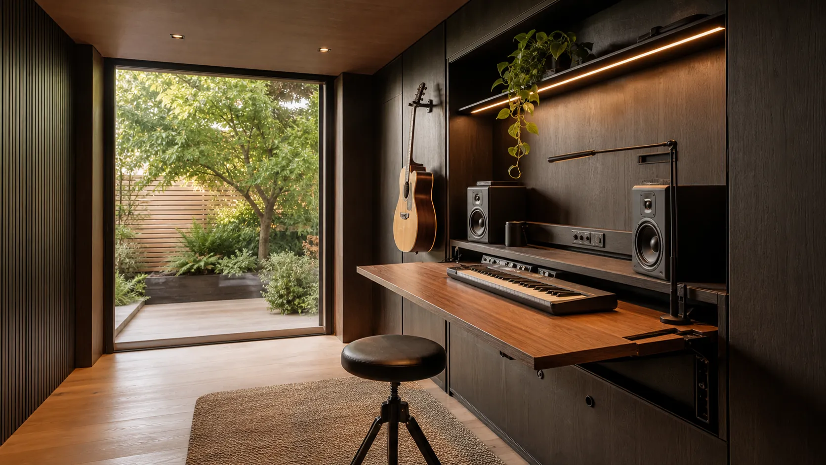 A compact garden studio with clever instrument storage and a fold-down workstation