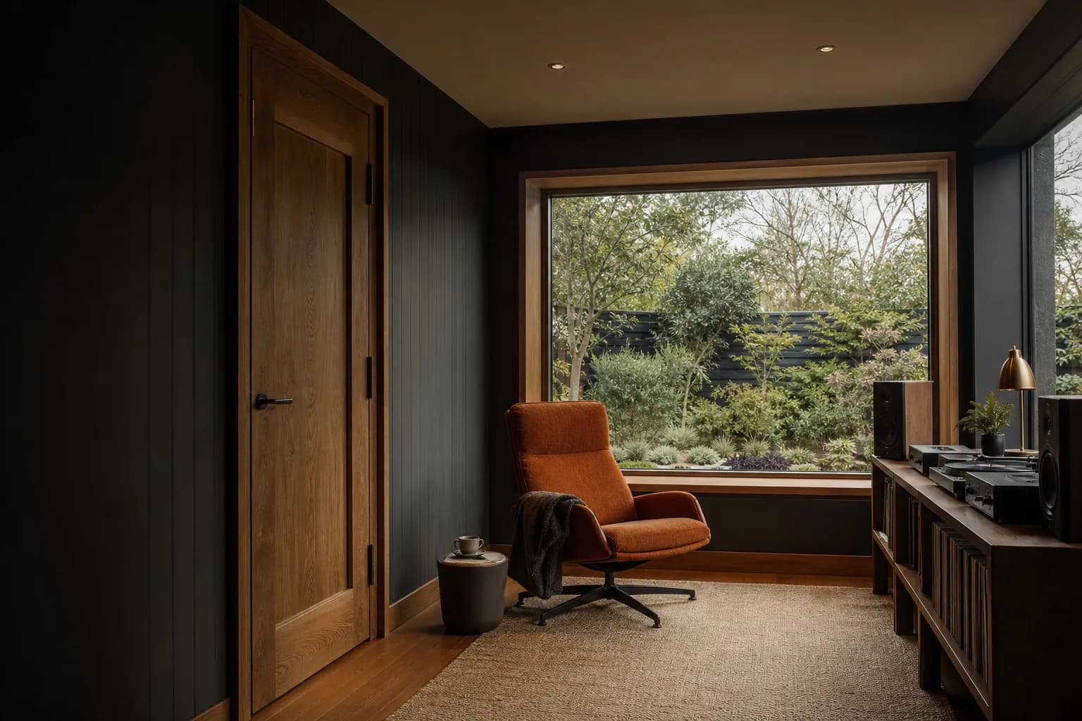 A calm soundproof garden room with a deep acoustic door and listening chair