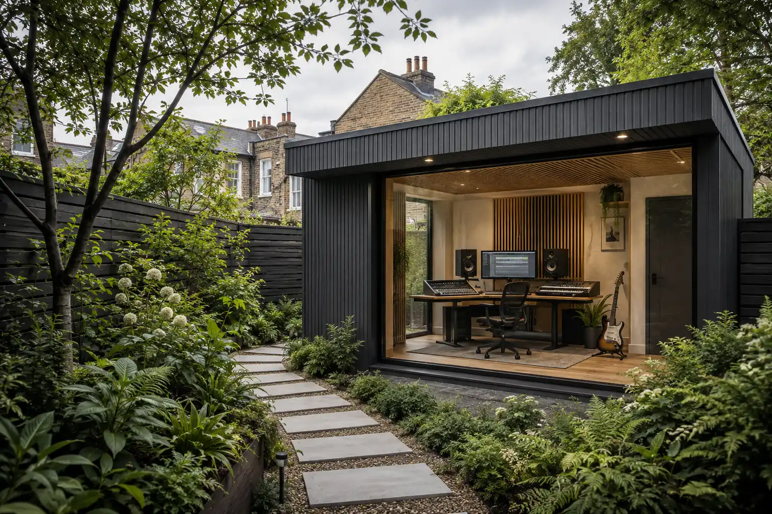 A detached London garden music studio arranged for electronic music production