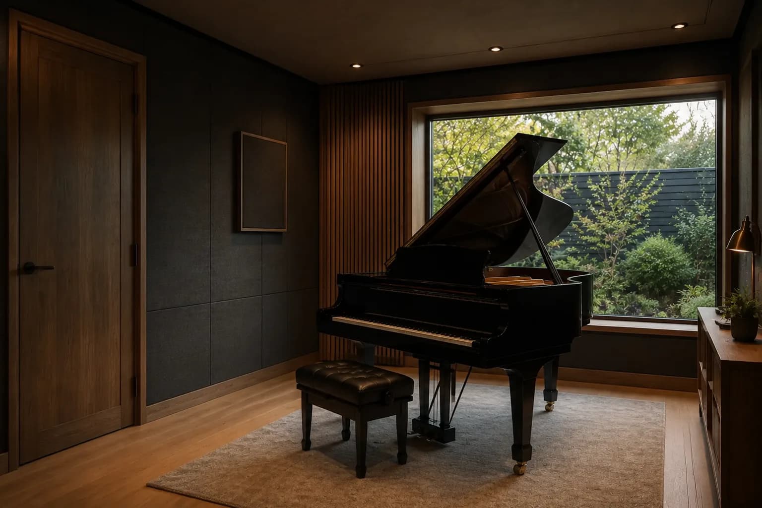 A black grand piano in a dark, timber-lined soundproof garden music room