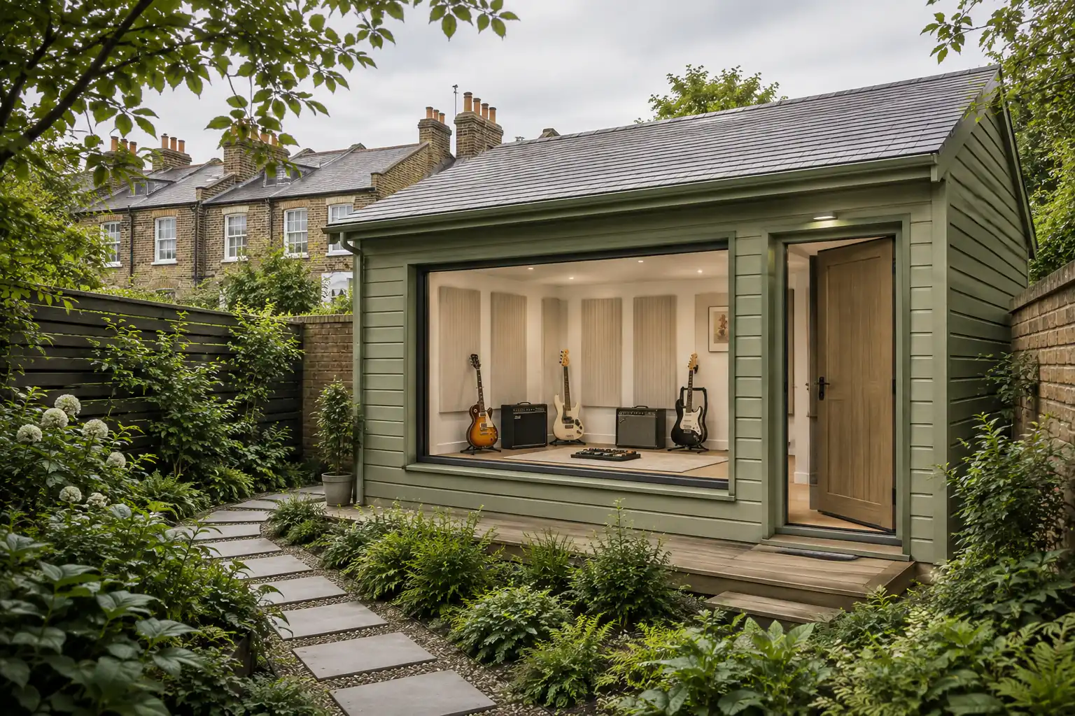 A spacious sage-green timber shed converted into a guitar rehearsal room in a London garden