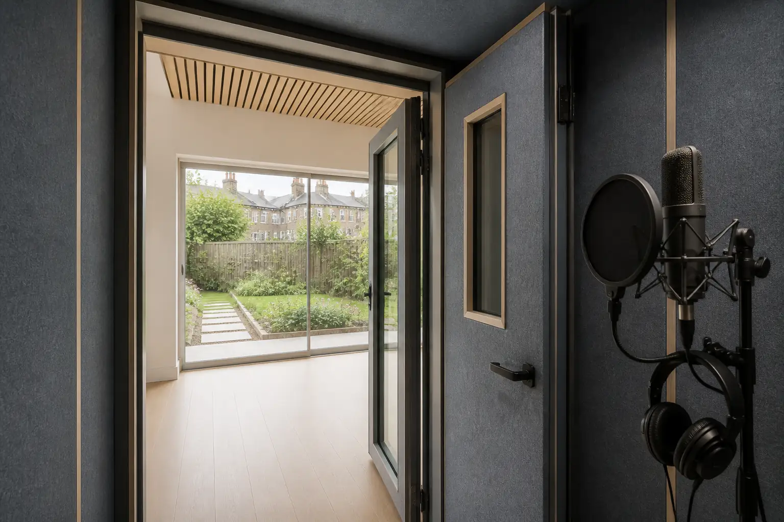 A vocal microphone inside a compact acoustic booth looking out towards a London garden
